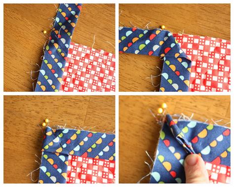 Trim the batting even with your quilt top. Cut one backing 1″ from the quilt edge. Fold the backing to the edge of the quilt, 1/2″, I like to press it down. Again, fold the backing over onto the quilt top, make sure you are on the quilt top with the edge, this is your sewing edge, pin it down. Fold the corner over as shown.
